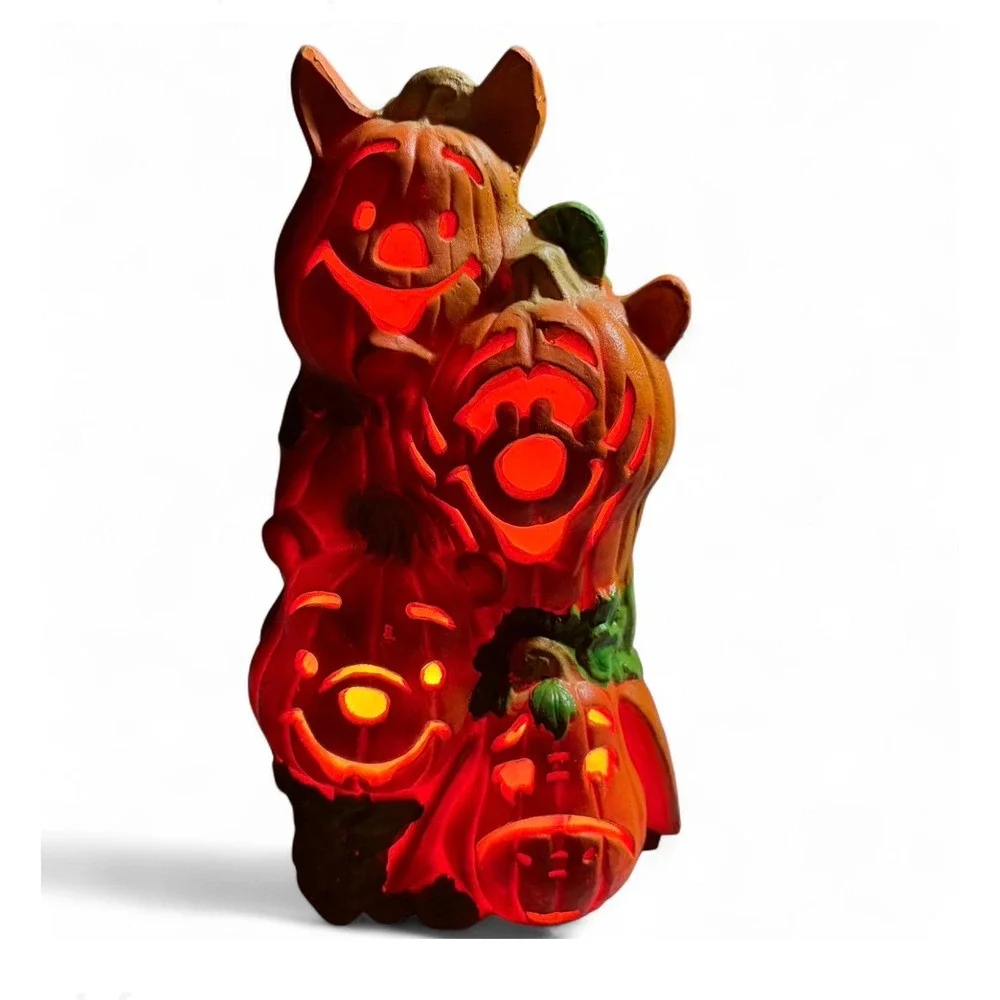 Vintage Halloween Lighted Stacked Pumpkin Cats Winnie Pooh Tigger Eeyore Decor